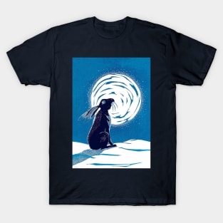 Moon Gazing Hare in Winter Linocut in Blues T-Shirt